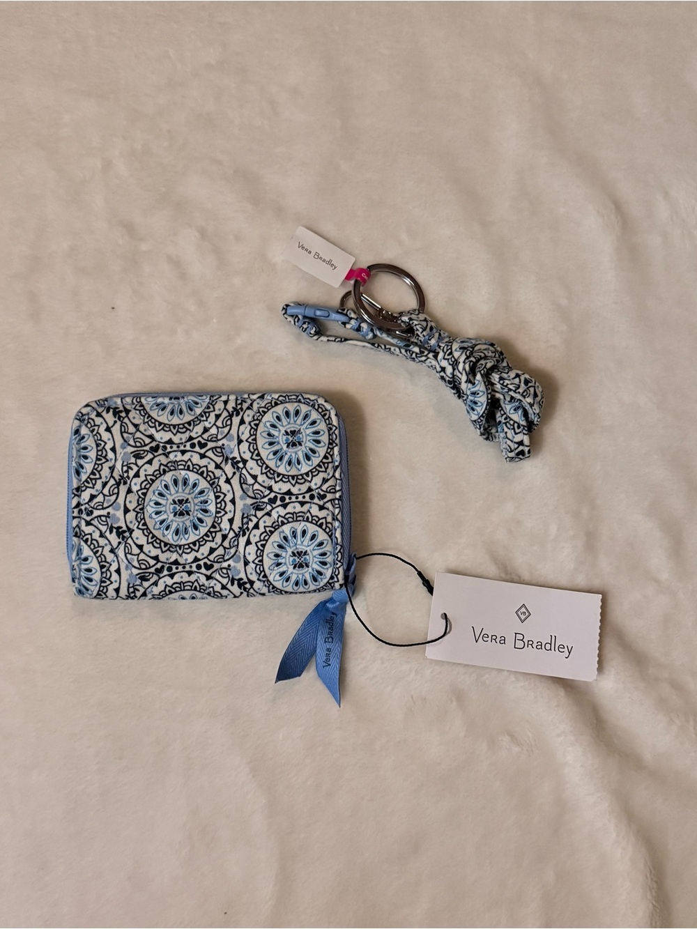Vera Bradley Blue and White Medallion Zip Card Holder with Break-Away Lanyard